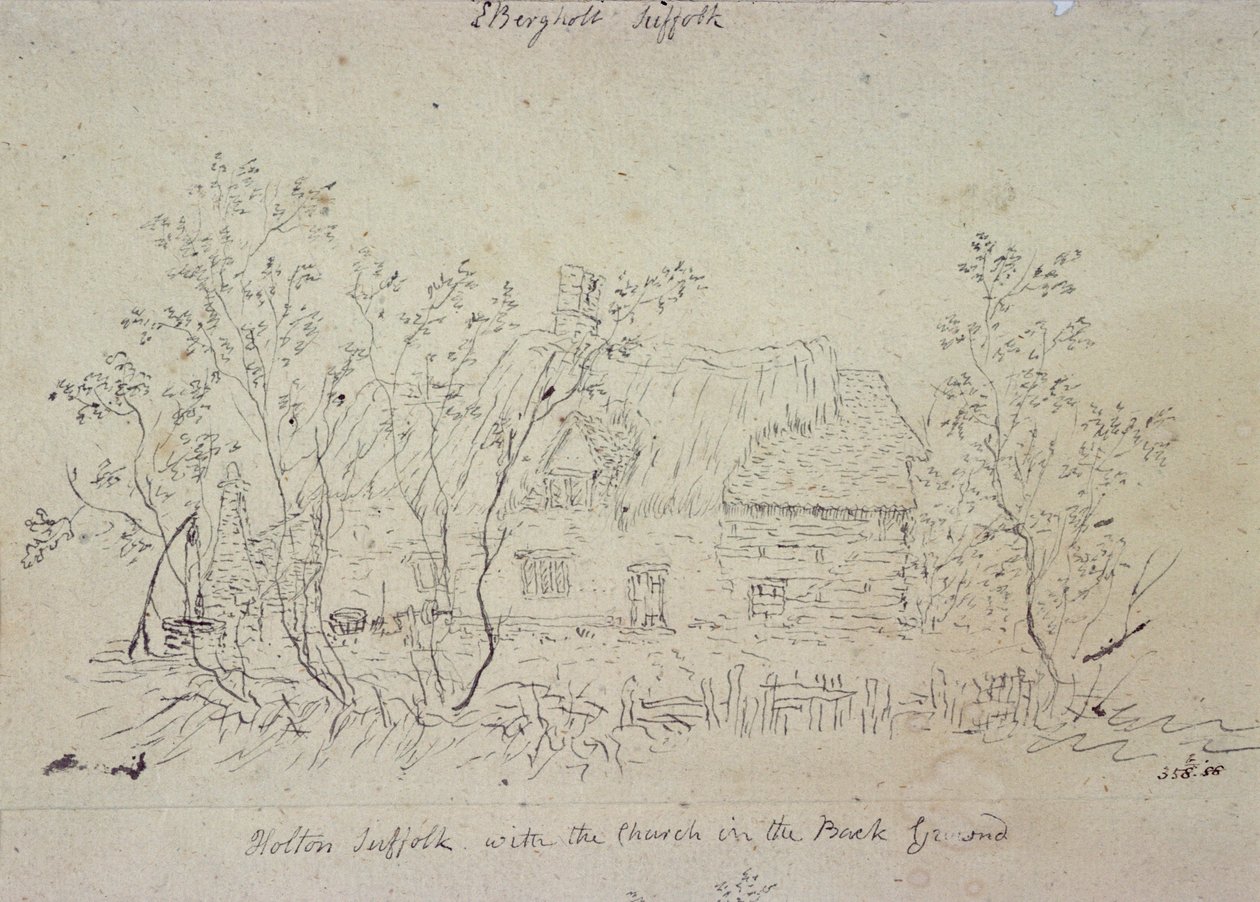 Stuga vid Östra Bergholt, med brunn (ritning) av John Constable