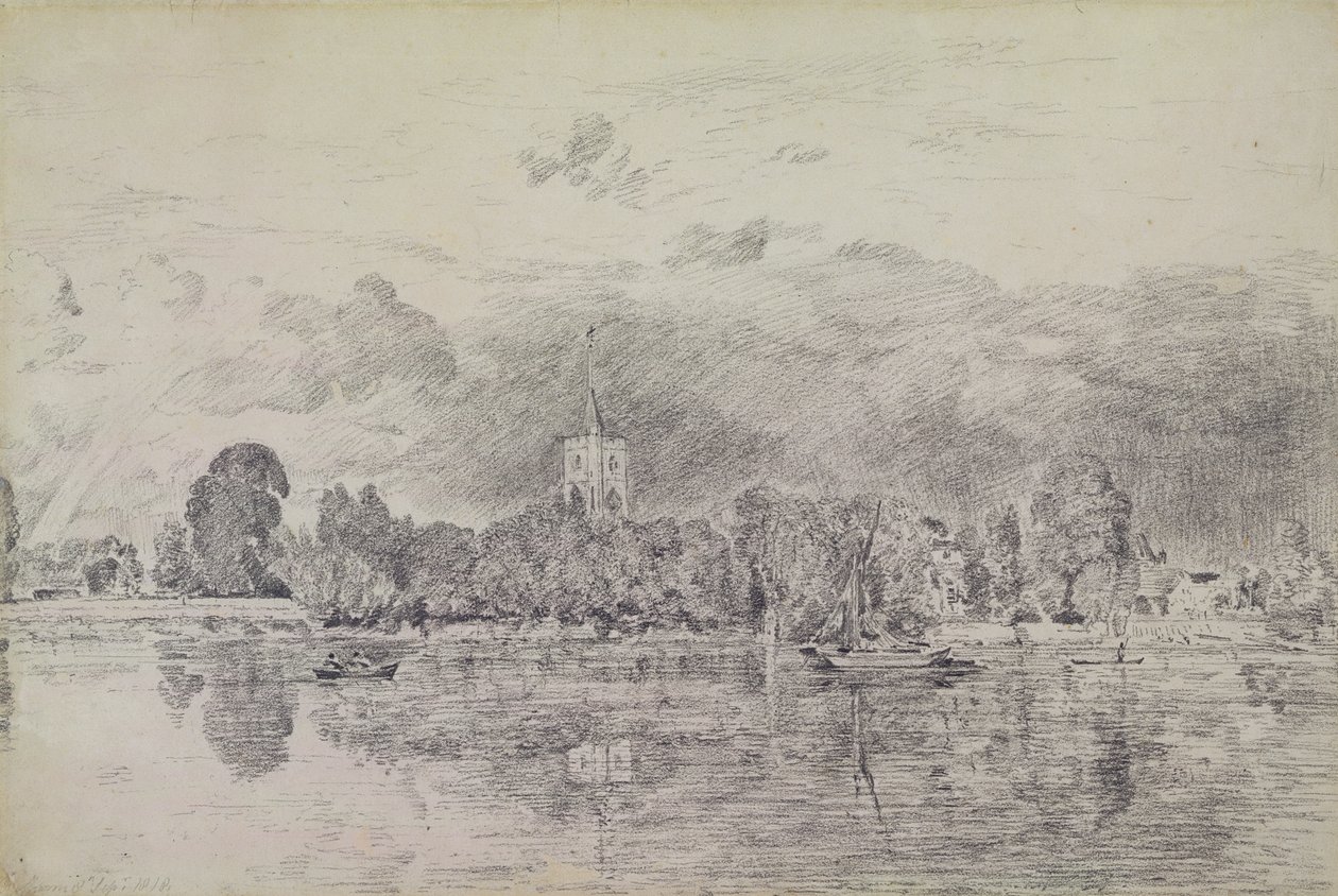 Fulham kyrka från andra sidan floden, 1818 (grafit på papper) av John Constable