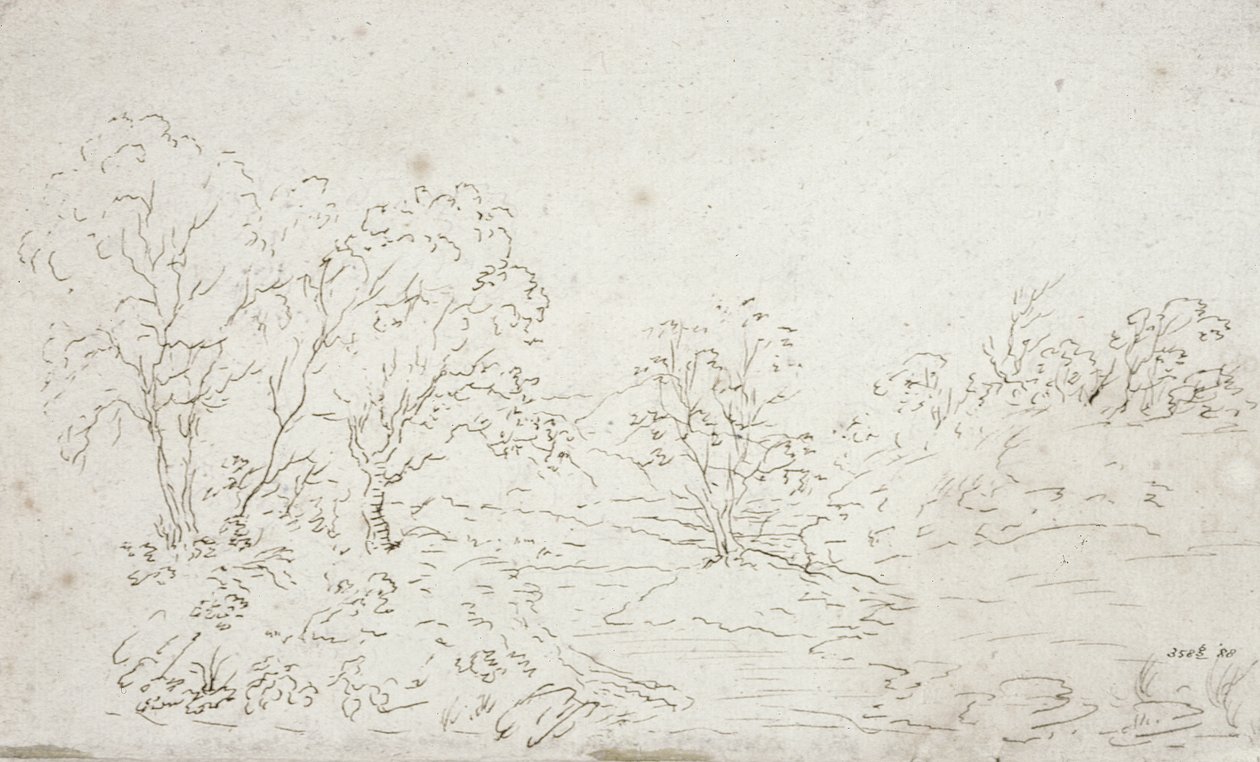 Landskap: en bäck som rinner mellan träd (ritning) av John Constable