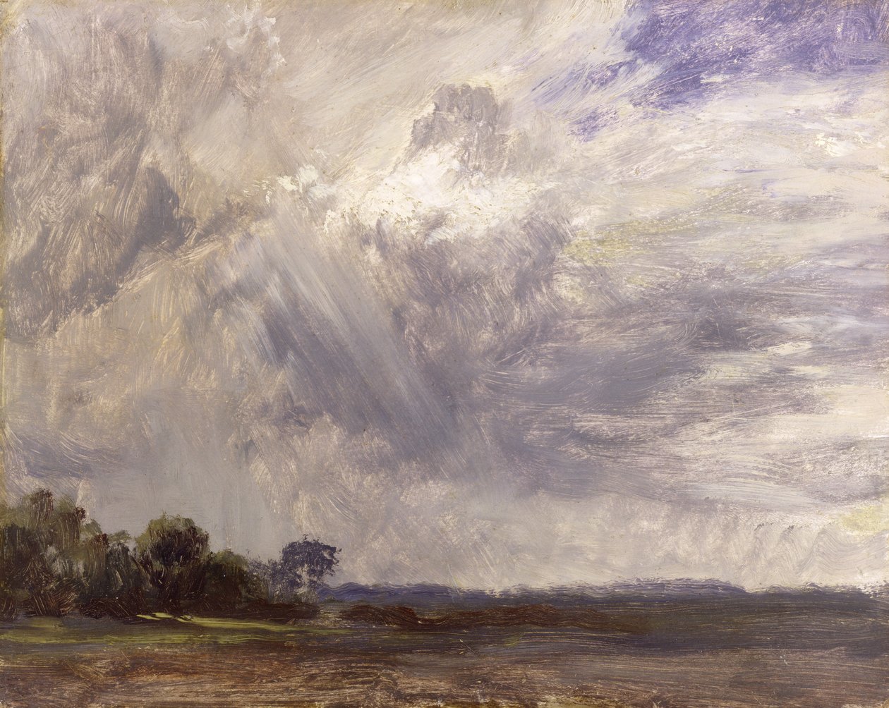 Landskap med grå blåsig himmel, ca 1821-30 (olja på papper som läggs på kvarnskiva) av John Constable