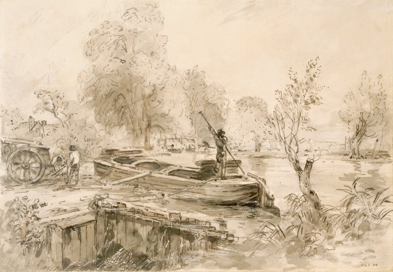 Män som lastar en pråm på Stour, 1827 (penna, penna och grå tvätt på papper) av John Constable