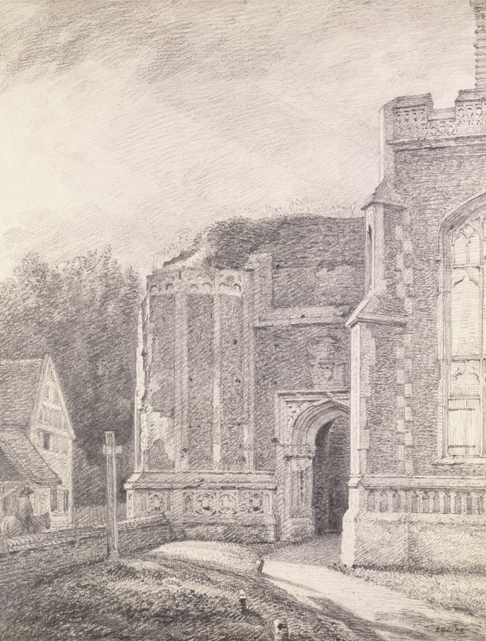 Södra valvgången för östra Bergholtskyrkans ruintorn (pennteckning) av John Constable