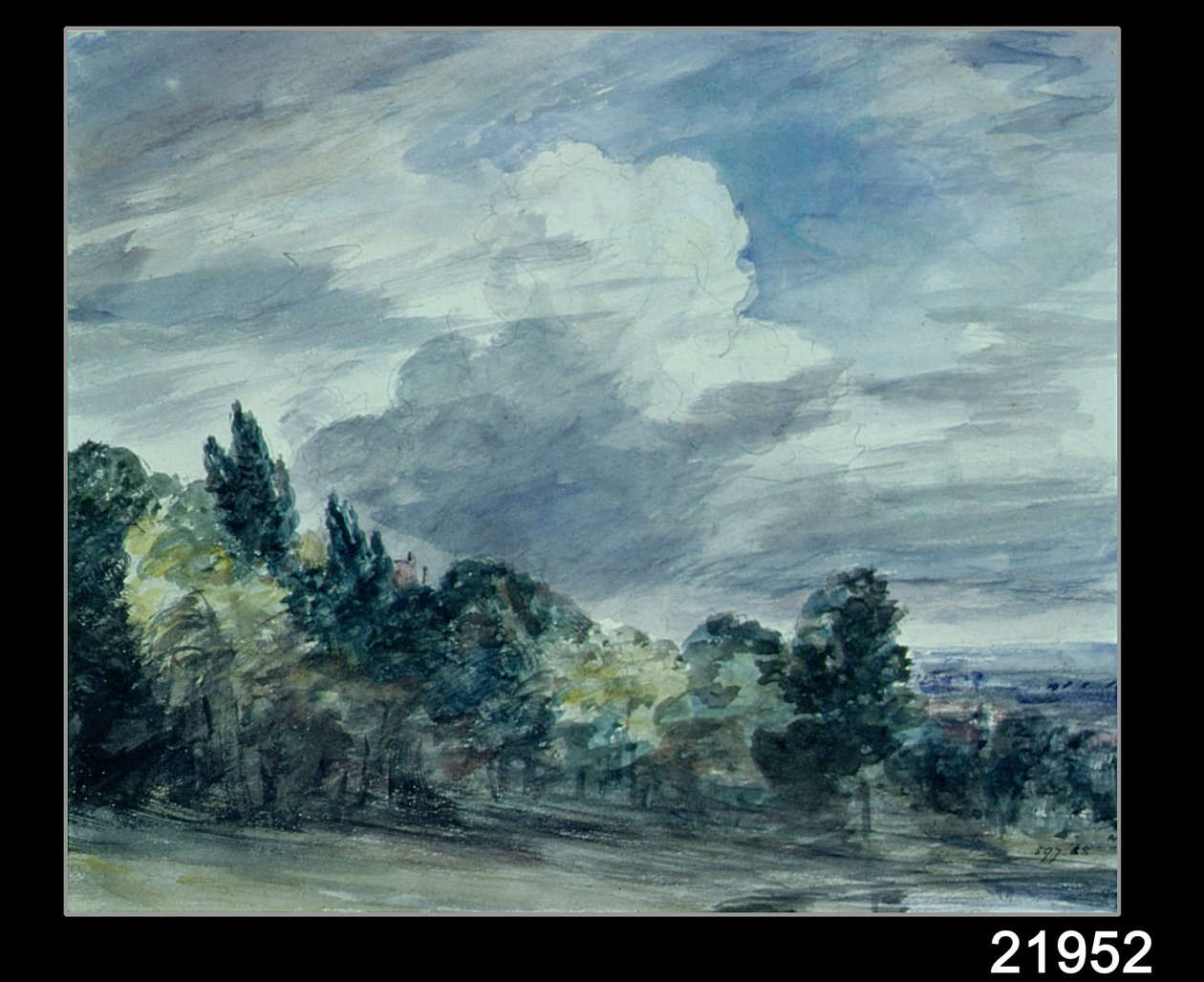 Utsikt över ett vidsträckt landskap med träd i förgrunden, september 1832 (akvarell på papper) av John Constable