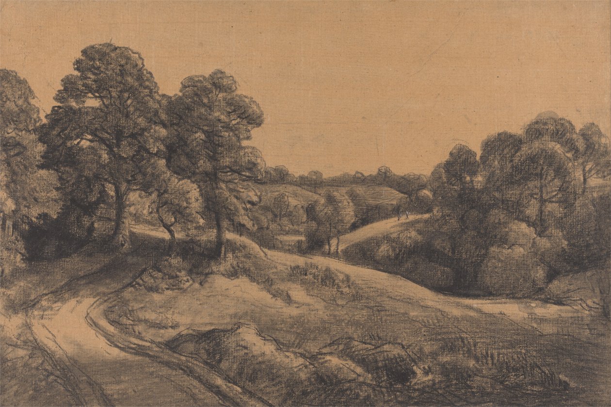 Skogsbevuxen sluttning med en vikande väg av John Constable