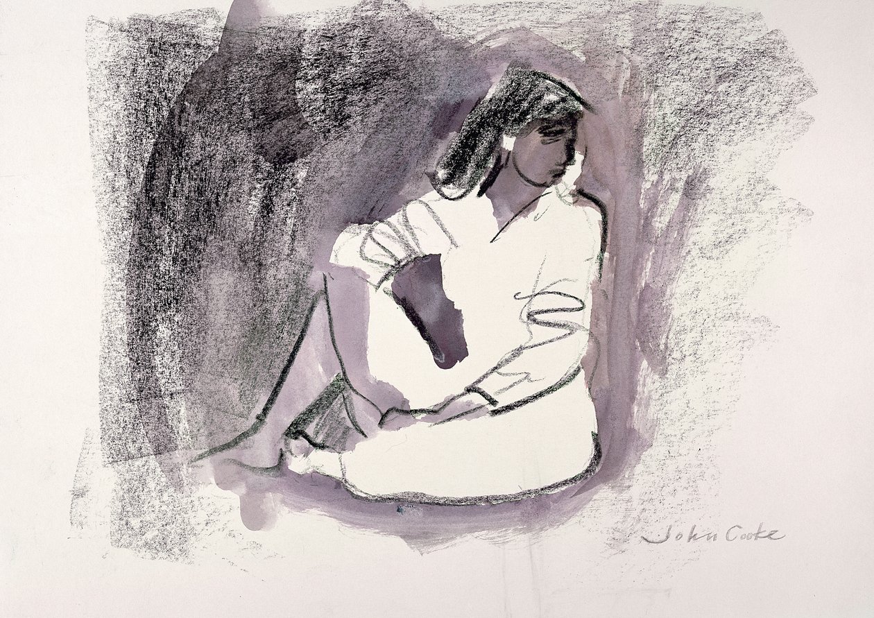 Sittande figur, 1999 (vaxkrita och tvätt på papper) av John Cooke