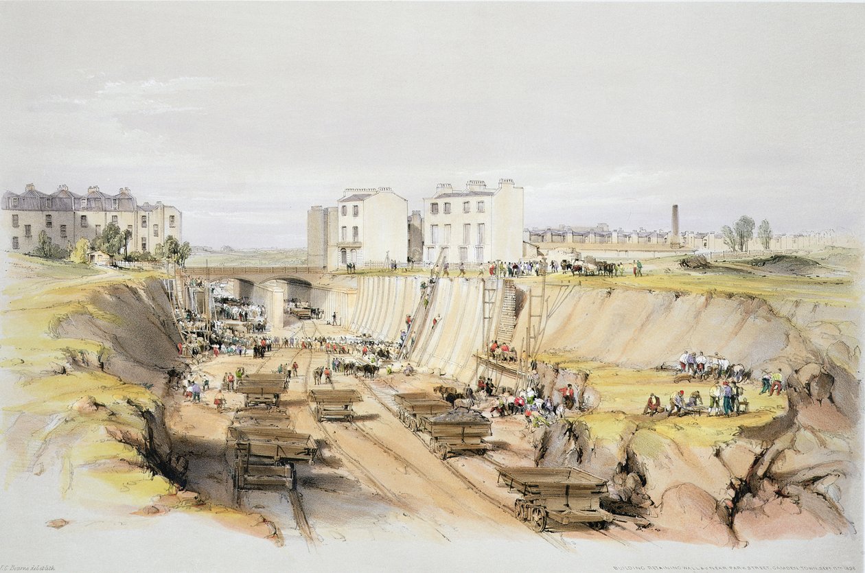 Bygga stödmuren nära Park Street, Camden Town, 17 september 1836, graverad av konstnären, 1838 av John Cooke Bourne