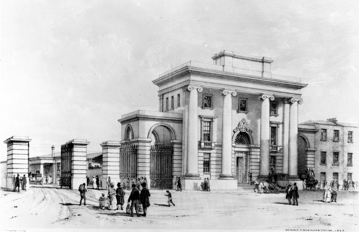 Entré till Birmingham Station, 1838 (penna, bläck och tvätt på papper) av John Cooke Bourne