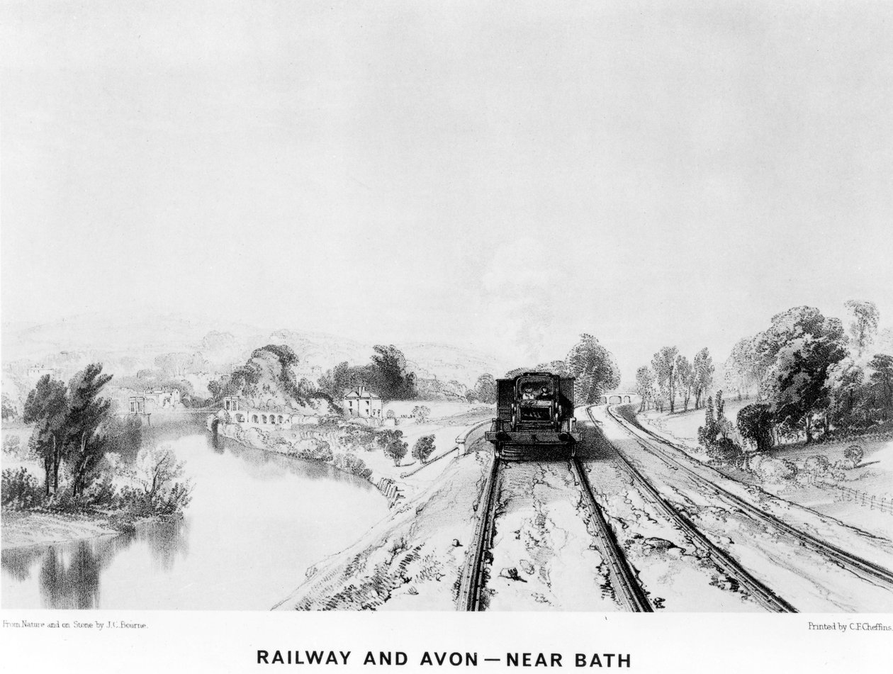 Railway and Avon, nära Bath, tryckt av C. F. Cheffins, 1843 av John Cooke Bourne