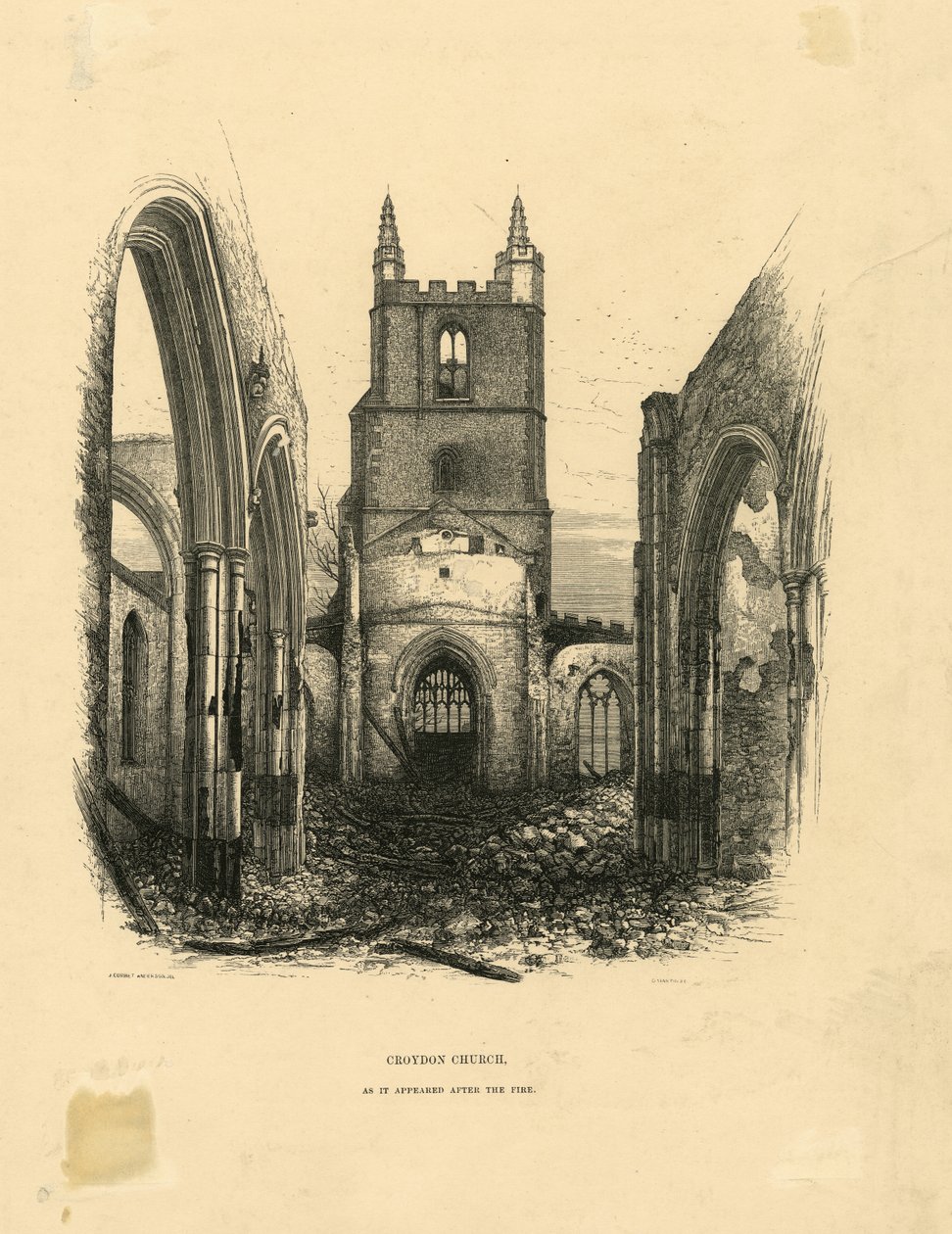 Croydon Church, som den såg ut efter eldens träsnitt av John Corbet Anderson