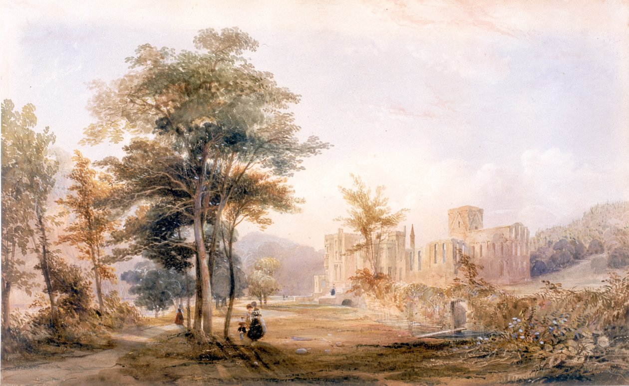 Brinkburn Grange, Northumberland och ruinerna av prästgården (bc, bläck, penna och wc på papper, klistrat på kort) av John Dobson