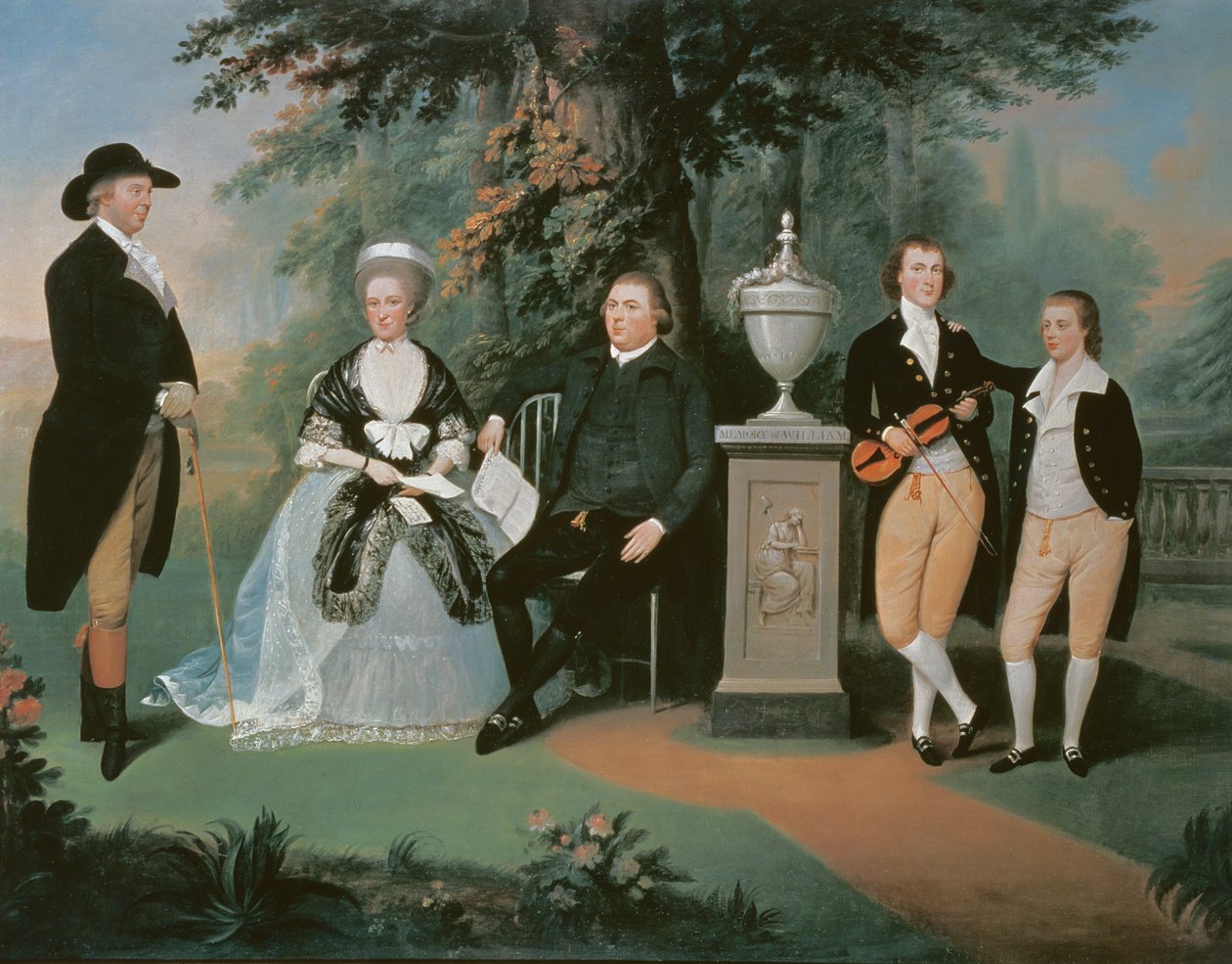 Medlemmar av familjen Wilson grupperade sig runt ett minnesmärke över William Pitt den yngre av John Downman