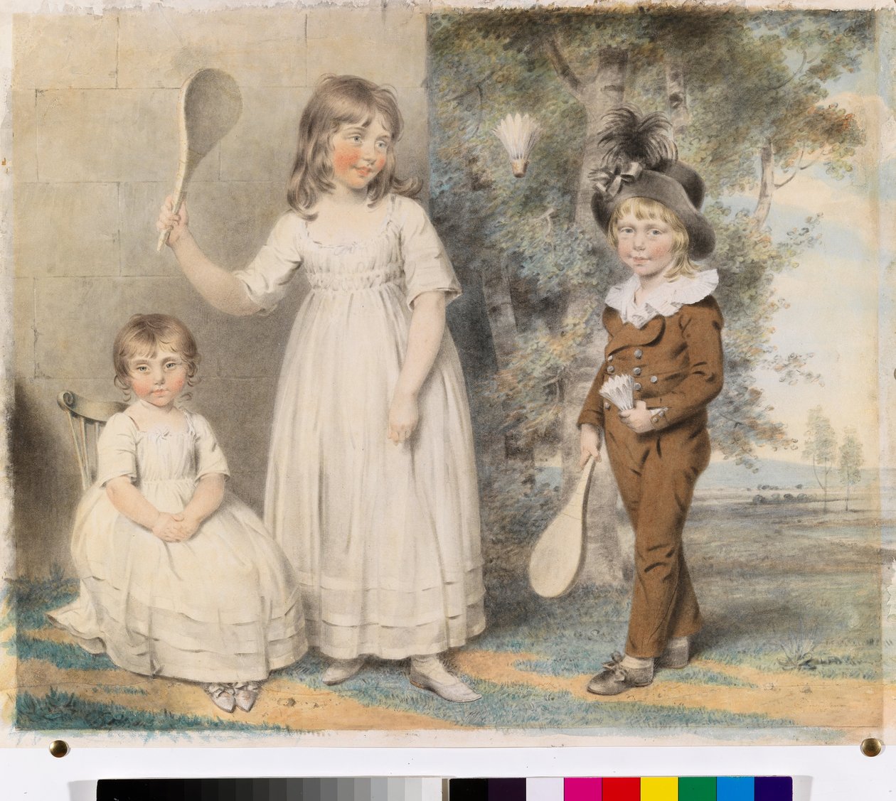 Barnen till Frederick och Ellen Ray från Abingdon, Berkshire, i ett landskap, 1795 (wc med penna på papper) av John Downman