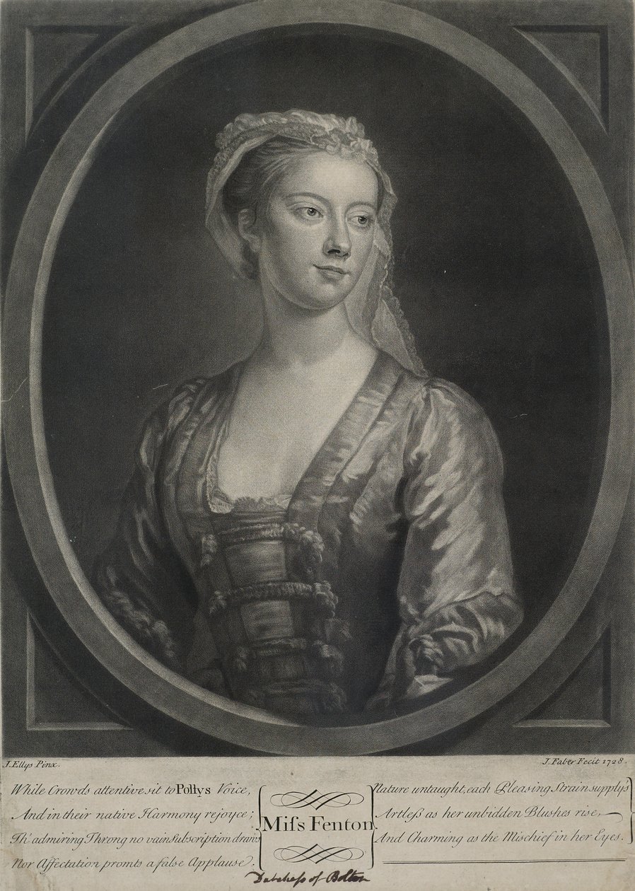 Miss Fenton, graverad av John Faber den yngre (ca 1695-1756), 1728 (mezzotint) av John Ellys