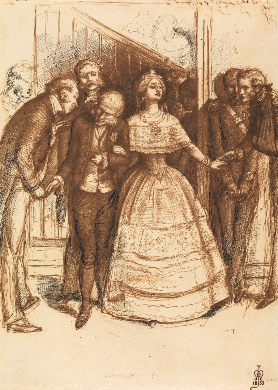 Gift för rang, 1853 (blyerts, penna och bläck på papper) av John Everett Millais