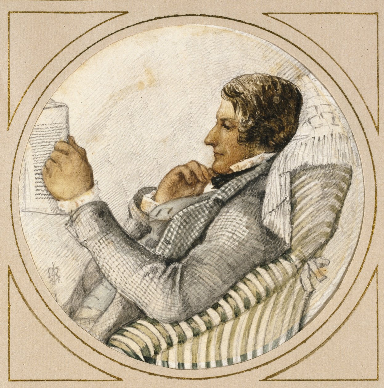 Porträtt av Ford Madox Brown (akvarell över grafit med penna och blått bläck på benvitt papper) av John Everett Millais