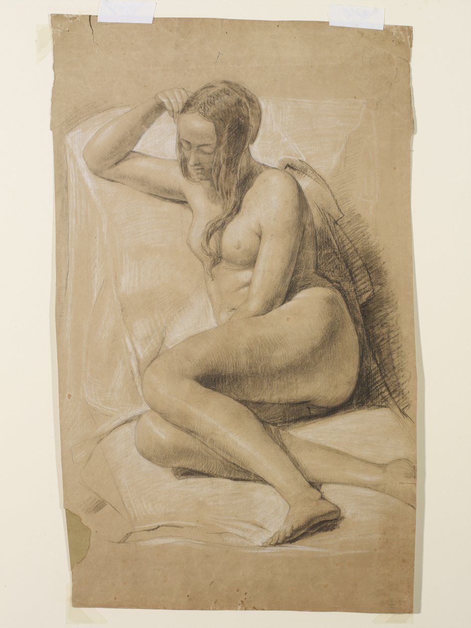 Sittande kvinnlig naken, 1847 (svart och vit krita på brunt papper) av John Everett Millais