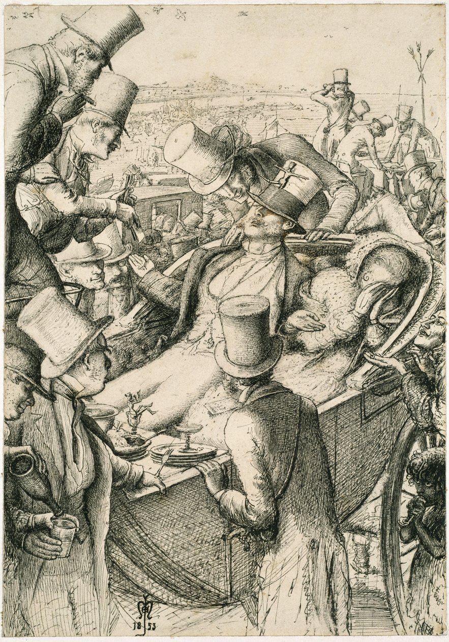 The Race Meeting, eller The Gambler, 1853 (Penna och svart bläck på benvitt papper) av John Everett Millais