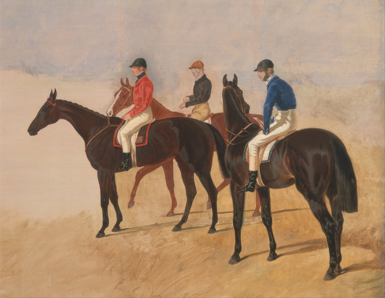 Steeplechase cracks- Allen McDonough on Brunette, Tom Oliver on Discount, and Jem Mason on Lottery av John F. Herring