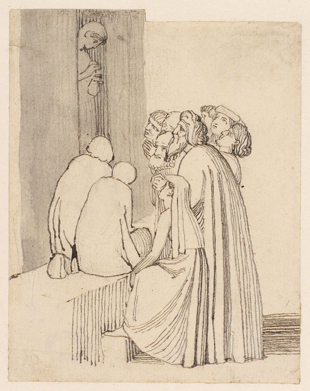 En tiggarfamilj runt en dörr (penna, penna, bläck och tvätt på papper) av John Flaxman