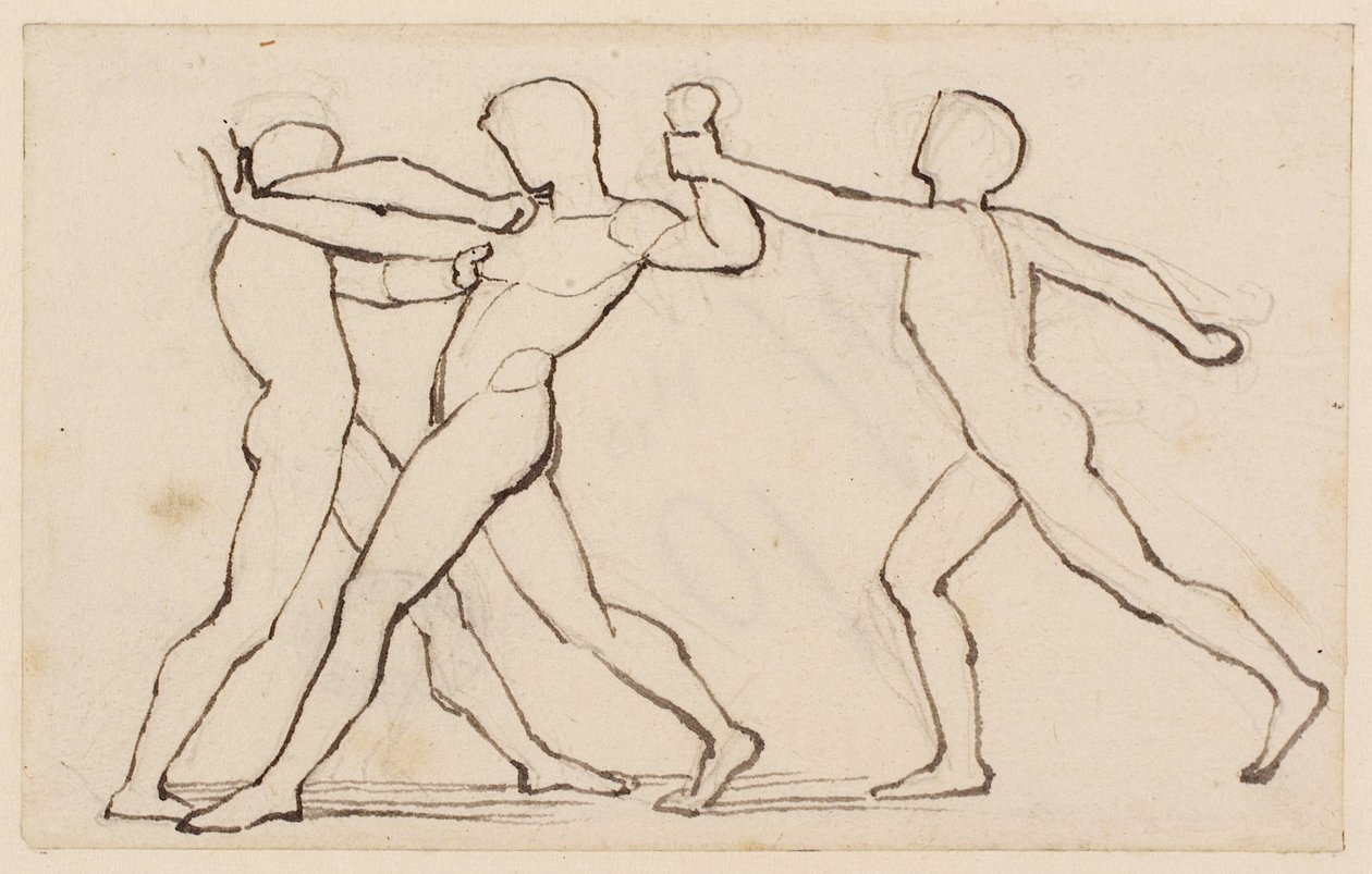 En grupp med tre brottande figurer (blyerts, penna och bläck på papper) av John Flaxman