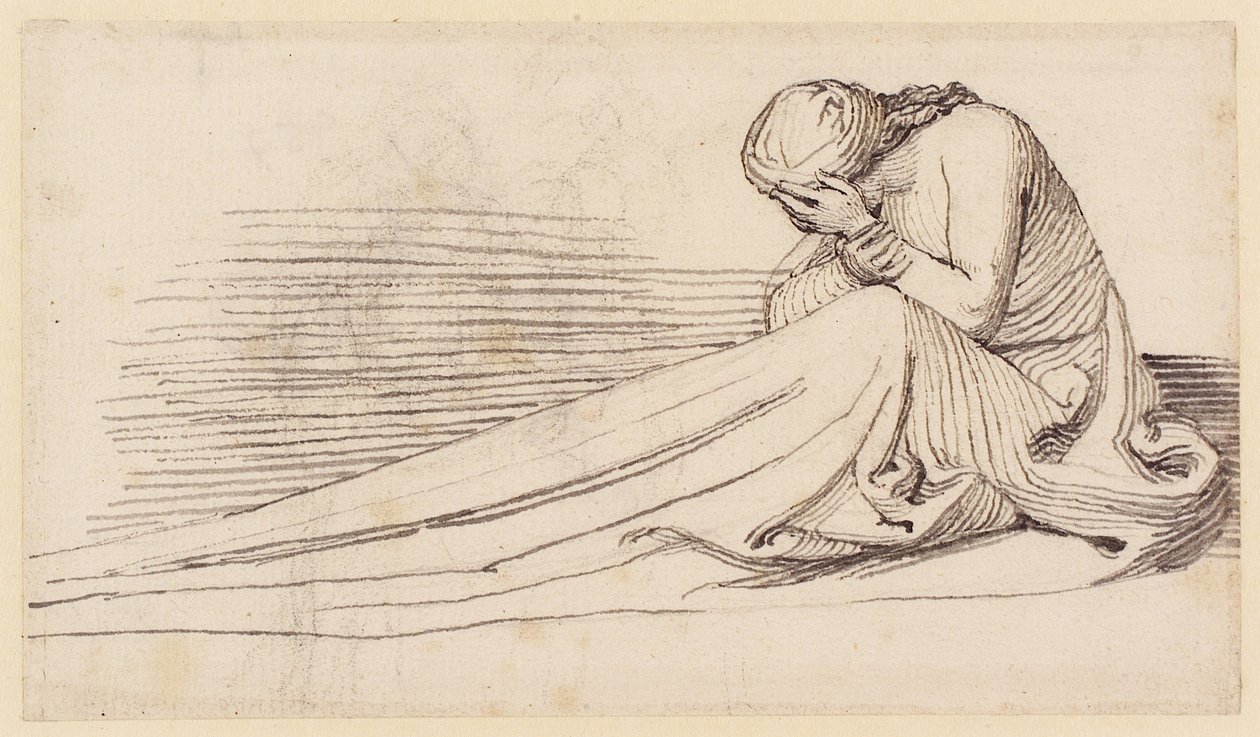 En sittande kvinnlig figur i långa draperier, sorg (penna, penna, bläck och tvätt på papper) av John Flaxman