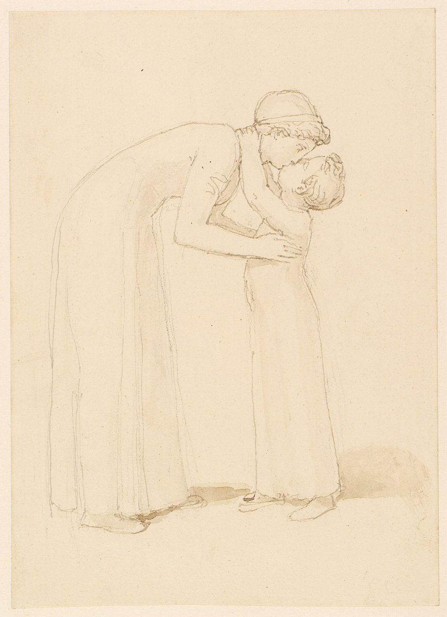 En kvinna böjer sig ner för att kyssa ett barn (penna, penna, bläck och tvätt på papper) av John Flaxman