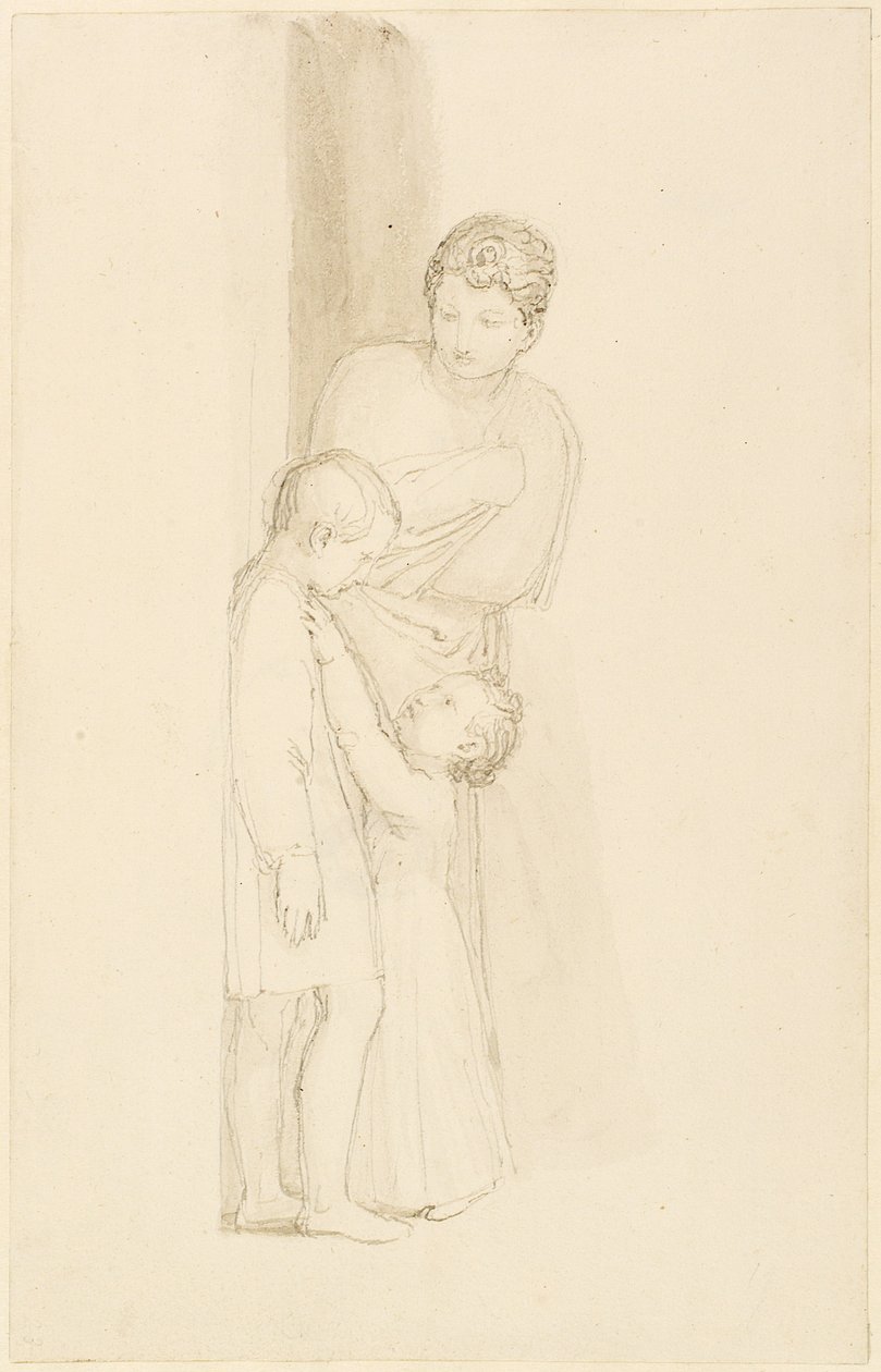En kvinna står bakom ett litet barn (blyerts, penna, bläck och tvätt på papper) av John Flaxman