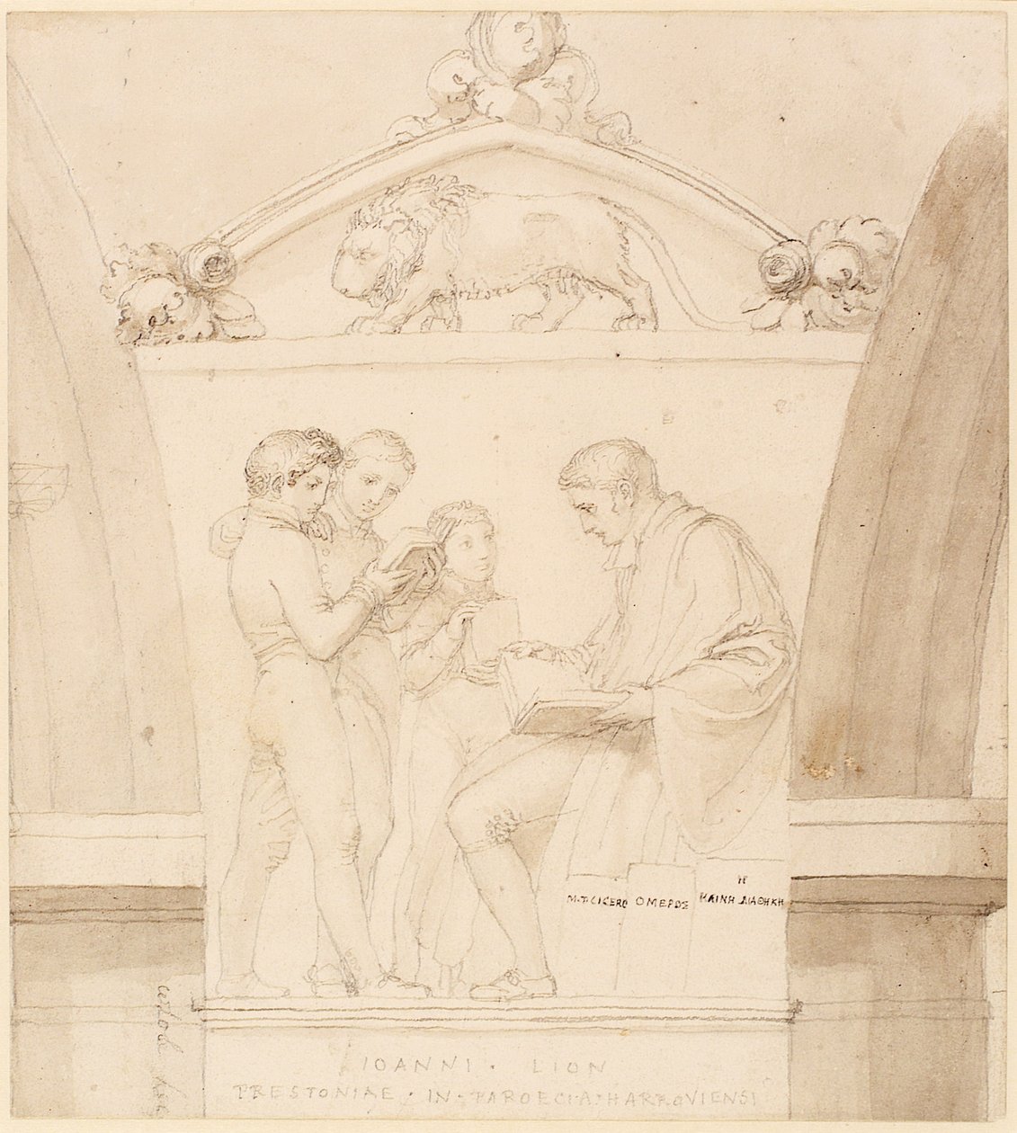 Design för ett monument av John Lyon (penna, penna, bläck och tvätt på papper) av John Flaxman