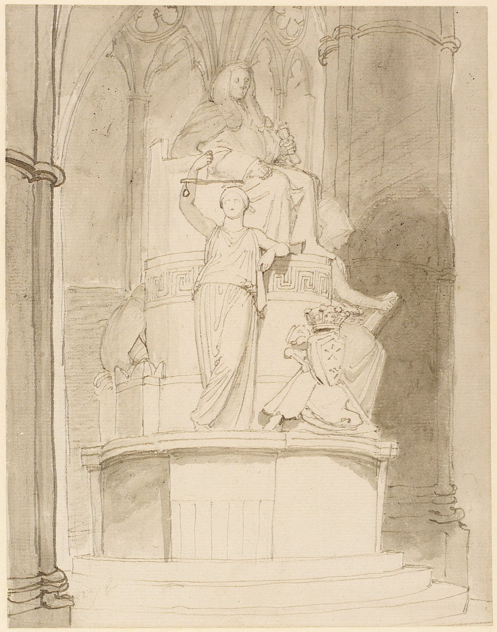 Design för Monument of Lord Mansfield, Westminster Abbey (penna, penna, bläck och tvätt på papper) (se även 273967 och 273968) av John Flaxman