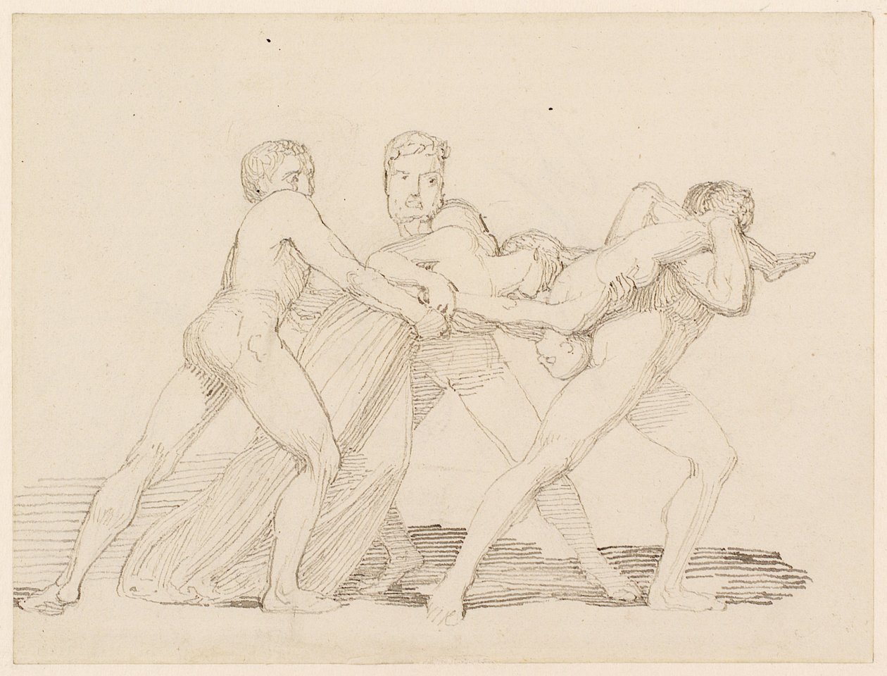 Tre män försöker slita ett barn från en kvinna (penna, penna och bläck på papper) av John Flaxman