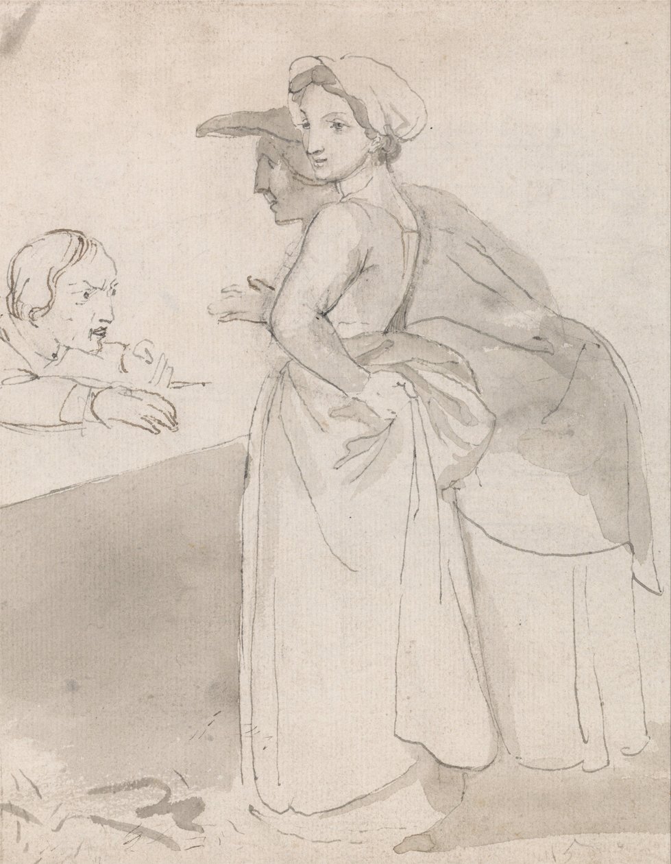 Två kvinnor som pratar med en man vid en disk av John Flaxman