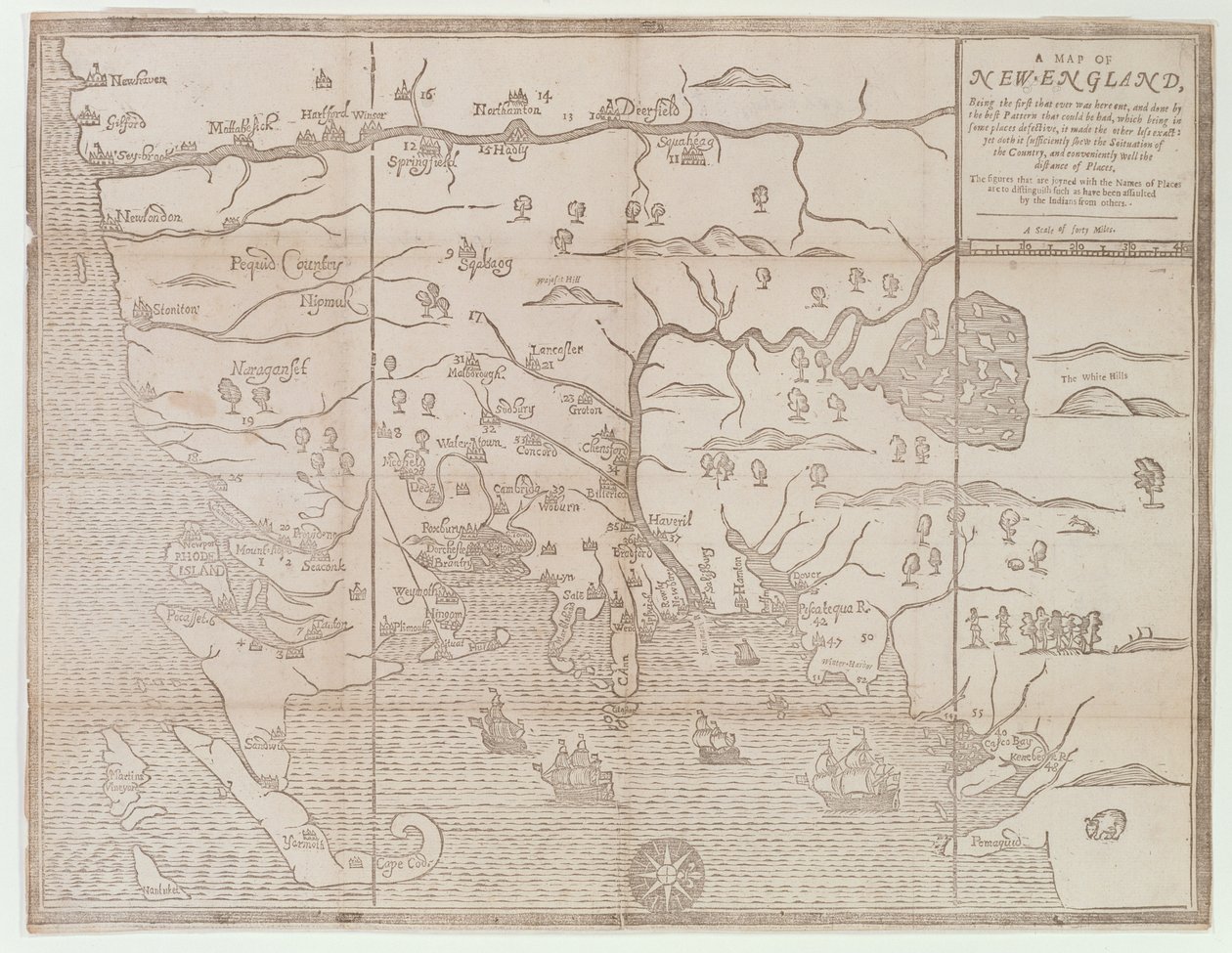 "Karta över New England, att vara den första som någonsin klipptes här...", 1677 av John Foster