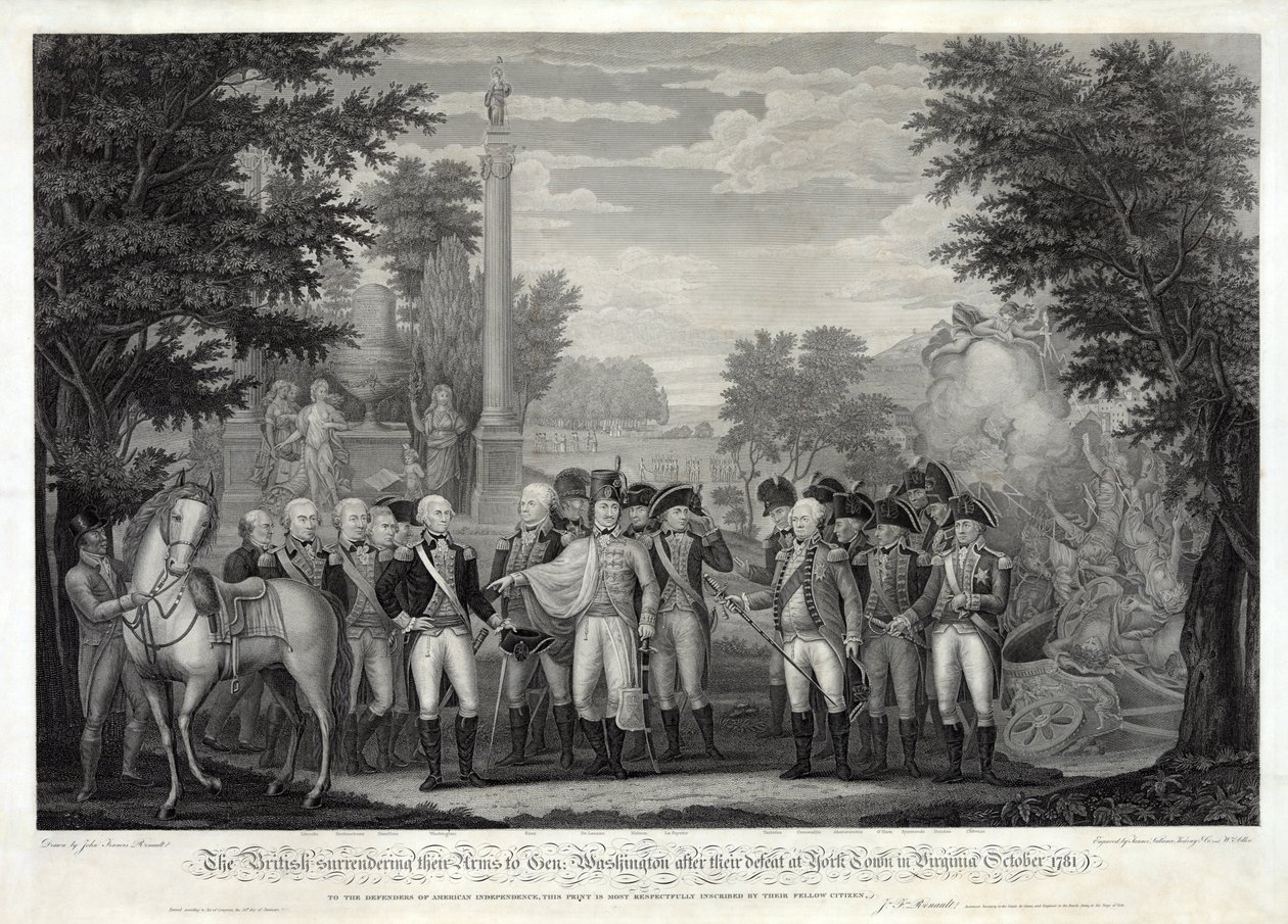 Britterna överlämnade sina vapen till general Washington efter nederlaget vid York Town i Virginia oktober 1781, pub. 1819 (bw gravyr) av John Francis Renault