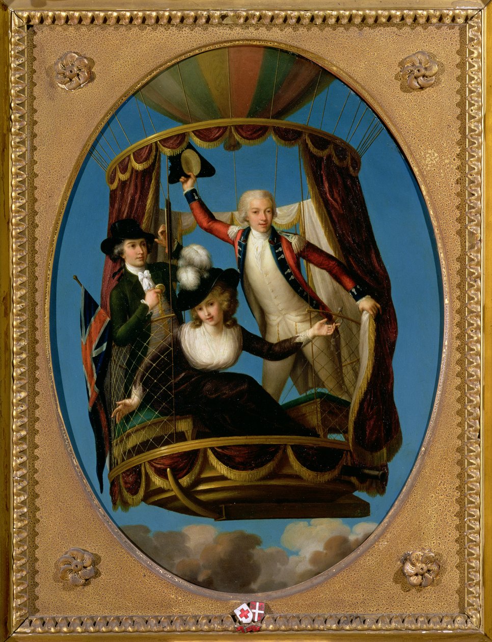 Kapten Vincenzo Lunardi med sin assistent George Biggin och fru Letitia Anne Sage, i en ballong, 1785 (olja på koppar) av John Francis Rigaud