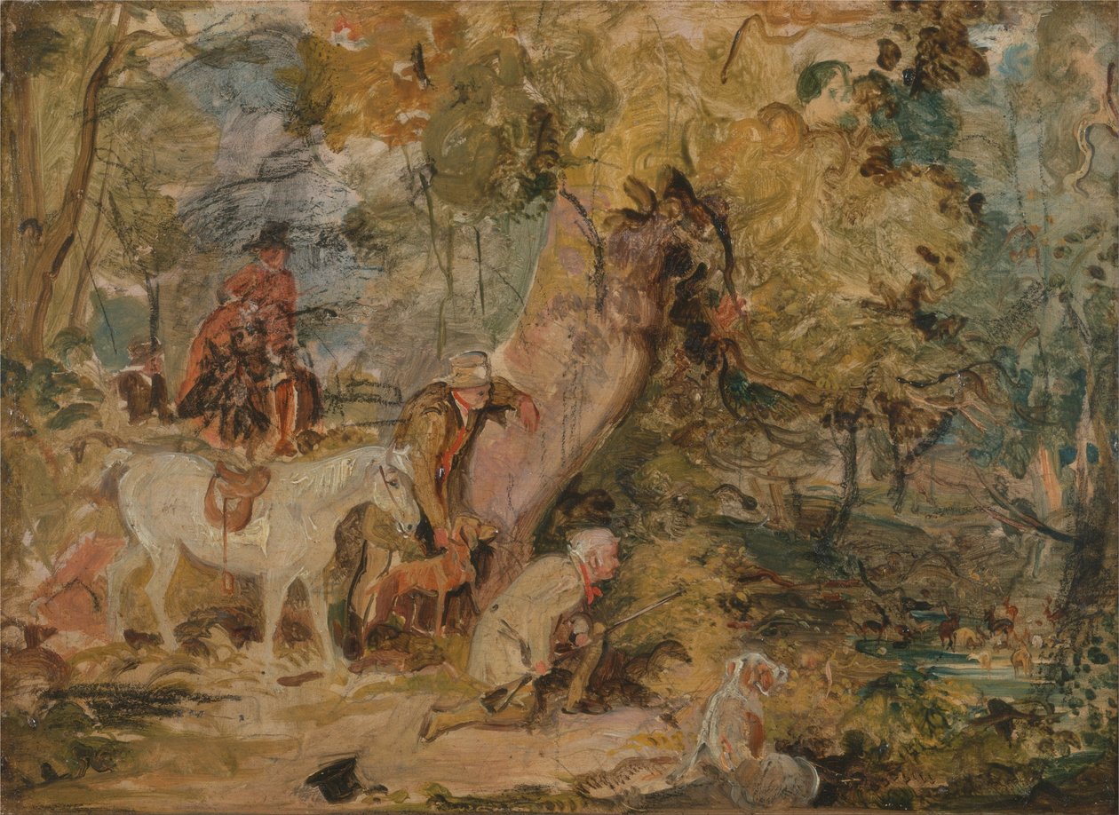 En skiss för `Foresters Stalking Deer av John Frederick Lewis