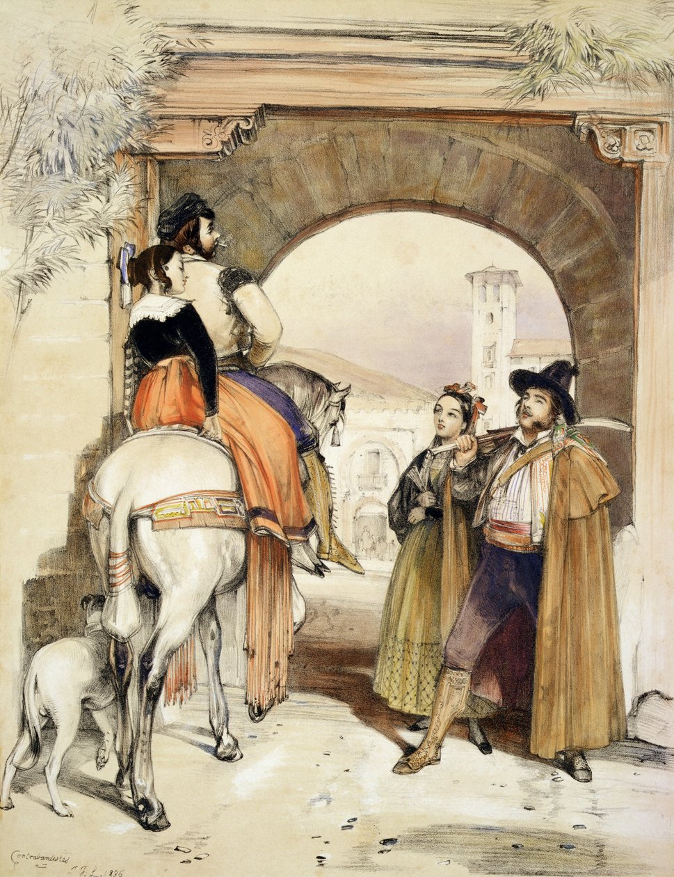 Contrabandistas, från "Sketches of Spain", graverad av Charles Joseph Hullmandel (1789-1850), publicerad 1836. av John Frederick Lewis