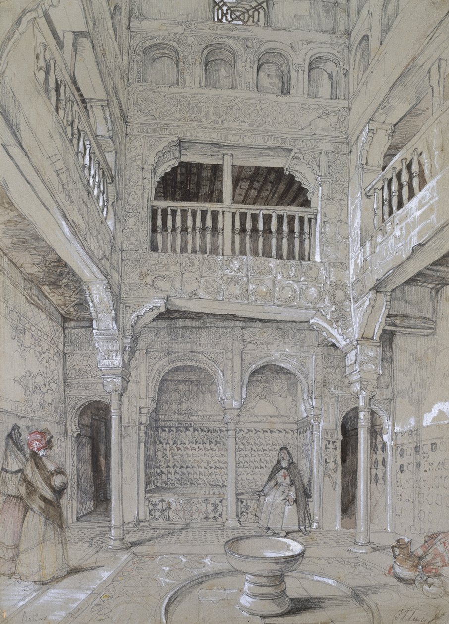 Entré till baden vid Alhambra (grafit och vit kroppsfärg med korta inslag av akvarell på grått papper) av John Frederick Lewis