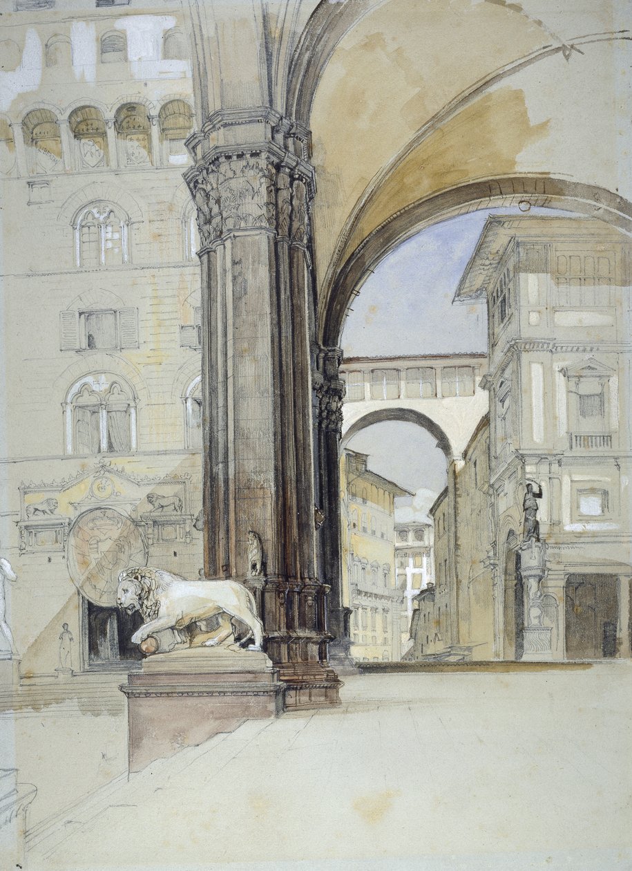 Florens: Palazzo Vecchio and the Uffizi (akvarell över svart krita med penna och brunt bläck på ljusgrönt papper) av John Frederick Lewis