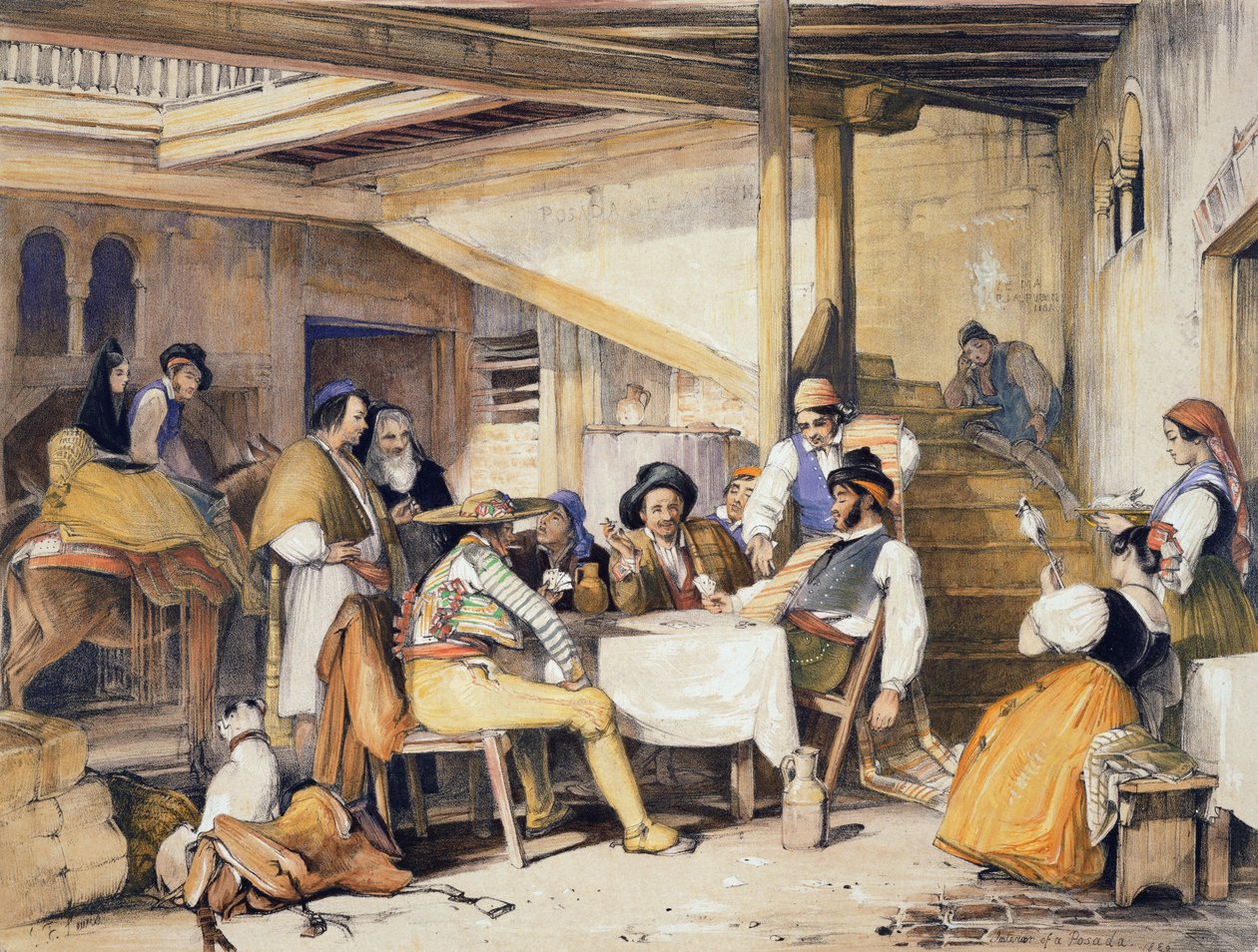 Interiör i en Posada, från "Sketches of Spain", graverad av Charles Joseph Hullmandel (1789-1850), publicerad 1836. av John Frederick Lewis