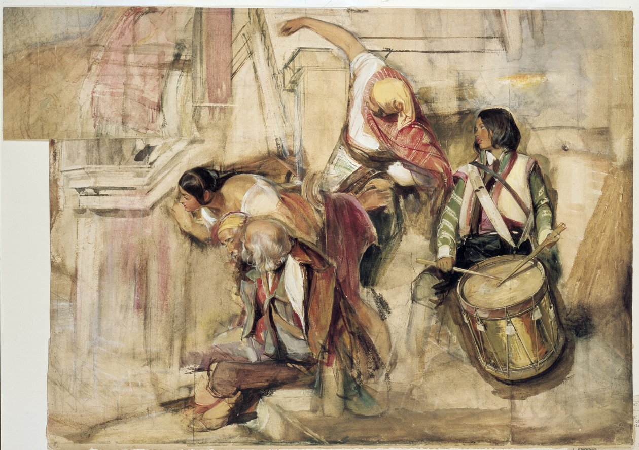 Studie för Don Carlos proklamation (akvarell och bodycolour över grafit, på papper med två tilläggsblad) av John Frederick Lewis
