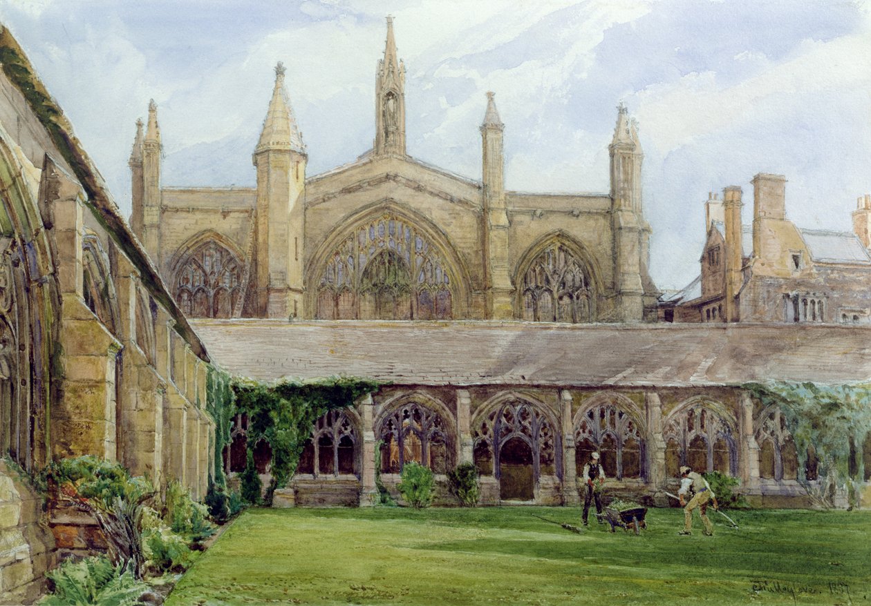 New College cloisters with gardener, 1887 (penna och wc på papper) av John Fulleylove