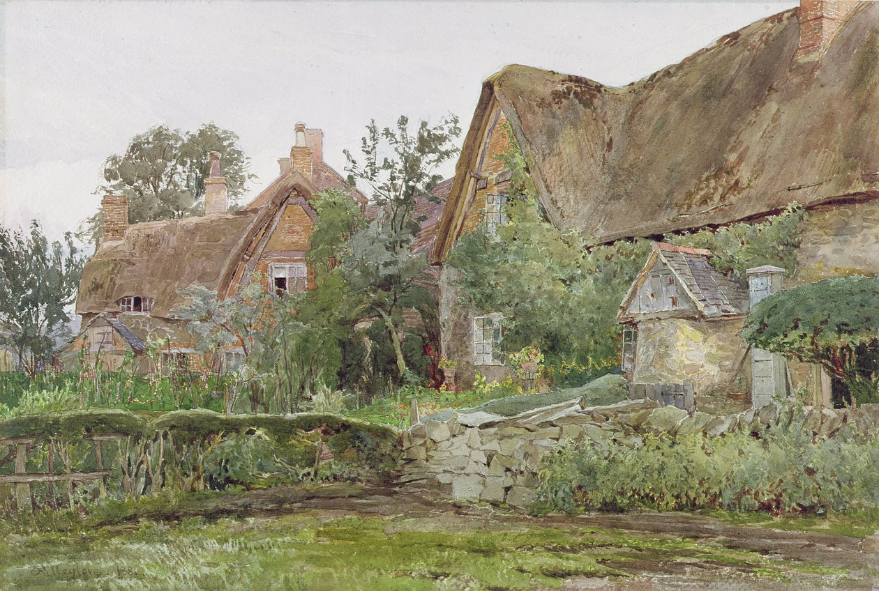 Halmtäckta stugor och stugträdgårdar, 1881 (wc och grafit på papper) av John Fulleylove