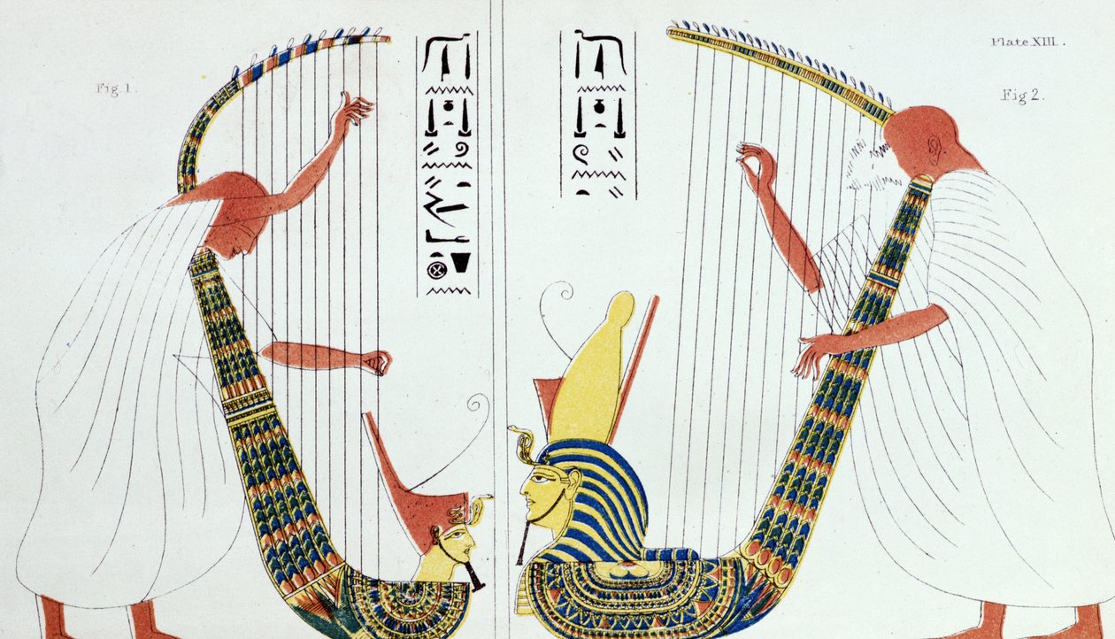 Tolkning av en fresk från den kungliga graven i Thebe som föreställer harpspelare, från "Maners and Customs of the Ancient Egyptians", 1837 av John Gardner Wilkinson