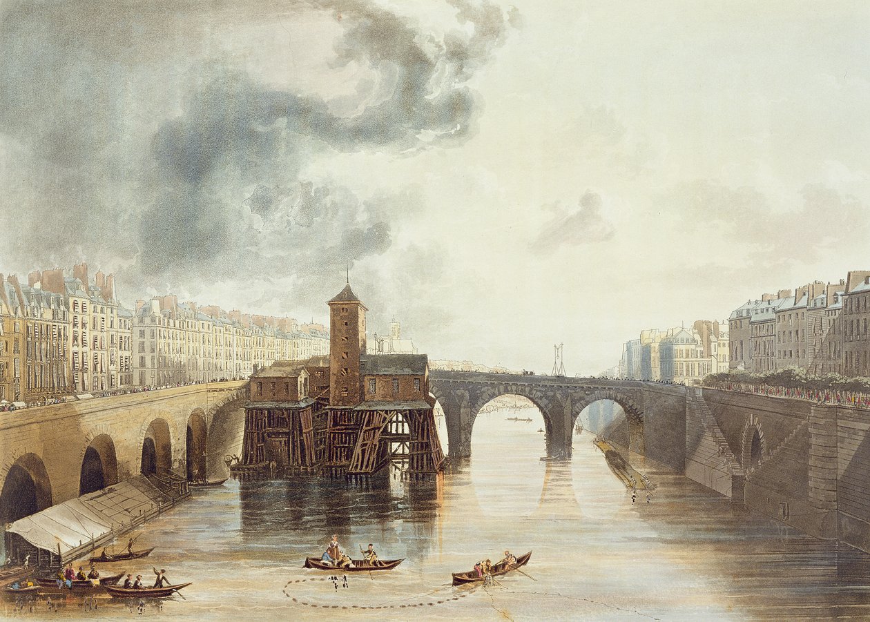 Pont Notre Dame, från "Views on the Seine", graverad av Thomas Sutherland (f.1785), utgiven av R. Ackermann (1764-1834) 1821. av John Gendall
