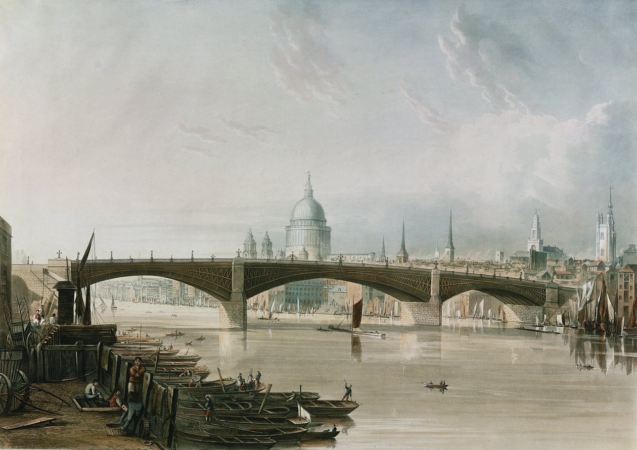 Southwark Iron Bridge, sett från Bankside, graverad av Thomas Sutherland (f.1785), pub. 1819 av Ackermann