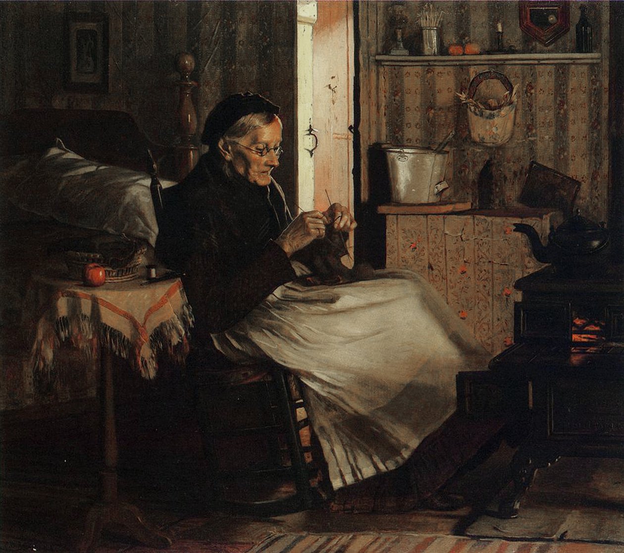 En gammal kvinna som stickar, c.1893 av John George Brown