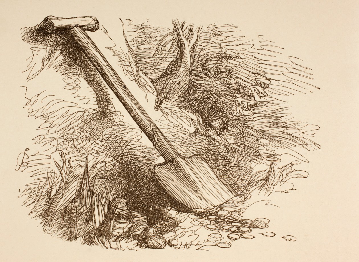 Illustration av en spade grävd halvvägs i marken, från 