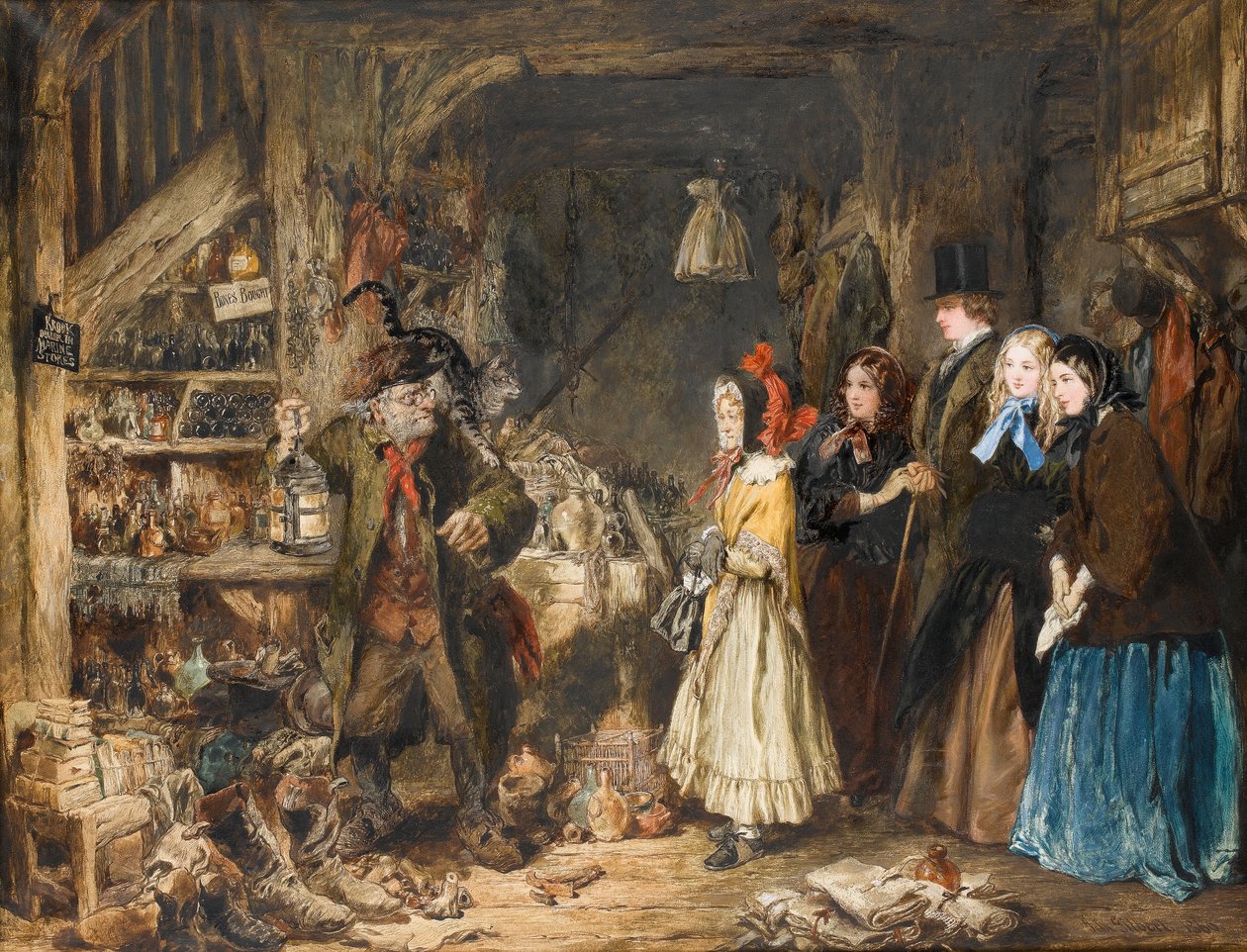 Miss Flite introducerar församlingarna i Jarndyce för Krook, The Lord Chancellor, en scen från Bleak House av Charles Dickens, ca 1860 (wc på papper) av John Gilbert