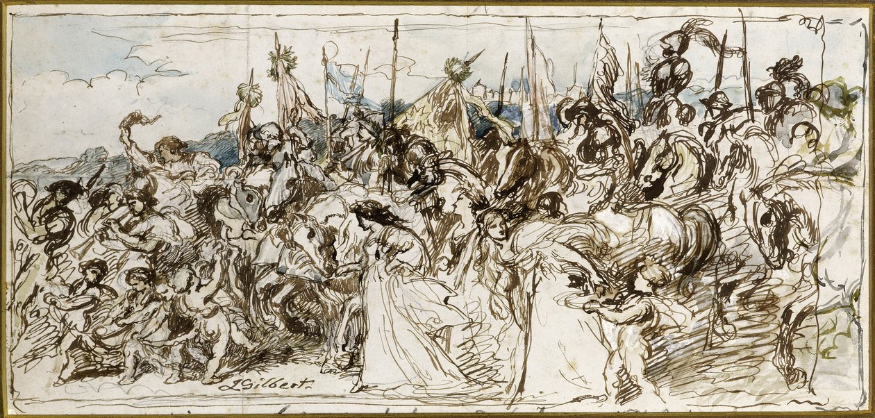Skiss till "The Return of the Victors", 1879 (penna och bläck samt wc) av John Gilbert