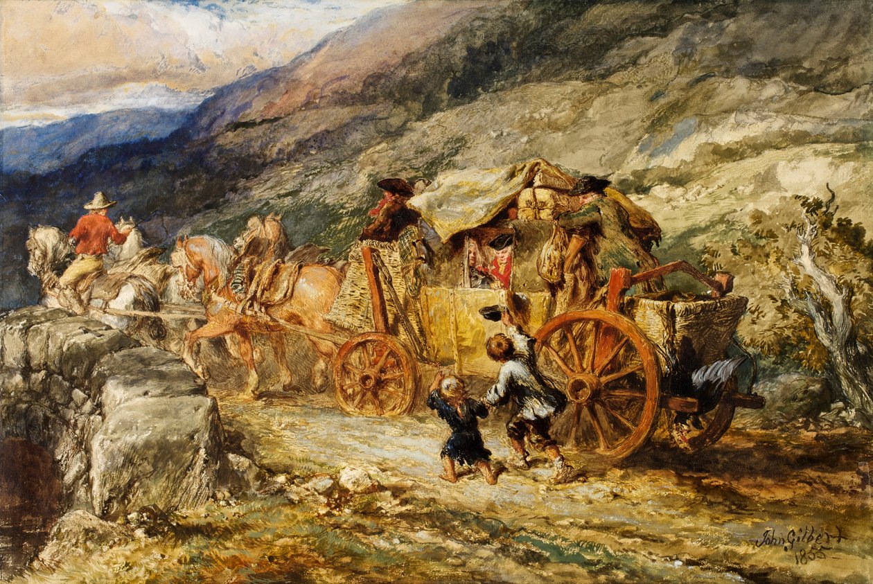 Det senaste århundradets scenvagn, 1855 (wc och gouache på papper) av John Gilbert